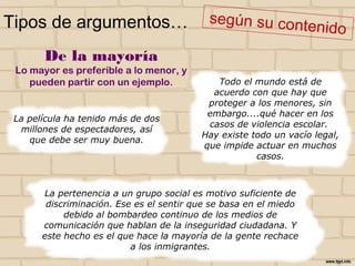 De la mayoría
Lo mayor es preferible a lo menor, y
pueden partir con un ejemplo.
Tipos de argumentos…
La película ha tenido más de dos
millones de espectadores, así
que debe ser muy buena.
Todo el mundo está de
acuerdo con que hay que
proteger a los menores, sin
embargo....qué hacer en los
casos de violencia escolar.
Hay existe todo un vacío legal,
que impide actuar en muchos
casos.
La pertenencia a un grupo social es motivo suficiente de
discriminación. Ese es el sentir que se basa en el miedo
debido al bombardeo continuo de los medios de
comunicación que hablan de la inseguridad ciudadana. Y
este hecho es el que hace la mayoría de la gente
rechace a los inmigrantes.
 