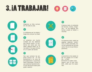 62




     Cogemos un folio normal,
     A4. De toda la vida.           Creamos todo el contenido
                                    del fanzine: textos, imáge-
                                    nes... en las páginas que
                                    hemos creado al doblar y
                                    recortar.
     Lo doblamos por la mitad y
     luego otra vez por la mitad.




     Lo cortamos con mucho          Al separarlo todo, todas las
     cuidado por las dobleces       páginas deberían confor-
     que hemos hecho. Si con-       mar un folio extendido, lle-
     tamos las caras que nos        no de contenido por las dos
     salen, debería haber 16. Si    caras. Eso es lo que fotoco-
     nos salen 17 es que vivimos    piaremos.
     en un cuadro de Escher.




     Hay que numerar las pá-        Le ponemos a las copias un
     ginas porque así no nos        par de grapas en el late-
     perderemos a la hora de        ral... ¡y listo!
     encuadernarlo si queremos      Mi fanzine va sobre culos.
     hacer fotocopias, ya que lo    Seguro que el tuyo tam-
     que estamos haciendo aho-      bién, sabía que me copia-
     ra nos servirá de base para    rías.
     poder copiarlo.
 