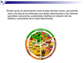 Existen guías de alimentación como el plato del bien comer, que permite crear una idea de los alimentos que deben seleccionarse y las raciones que deben consumirse, pudiéndose modificar en relación con los hábitos y costumbres de un área determinada. 