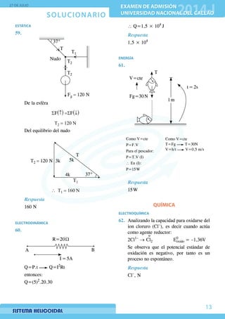 SOLUCIONARIO
27 DE JULIO
EXAMEN DE ADMISIÓN
UNIVERSIDAD NACIONAL DEL CALLAO
EXAMEN DE ADMISIÓN
UNIVERSIDAD NACIONAL DEL CALLAO
13
ESTÁTICA
59.	
T2
T1
T
T2
37°
Nudo
Fg = 120 N
De la esféra
SF(↑) =SF(↓)
T2 = 120 N
Del equilibrio del nudo
T
T1
3k 5k
4k 37°
T2 = 120 N
∴ T1 = 160 N
Respuesta
160 N
ELECTRODINÁMICA
60.	
R=20 Ω
I = 5A
A B
	Q=P.t Q=I2
Rt
	entonces:
	Q=(5)2
.20.30
	 ∴ Q=1,5 × 104
J
Respuesta
	 1,5 × 104
ENERGÍA
61.	
T
t = 2s
1 m
V=cte
Fg=30 N
	
	 Como V=cte
	P=F.V
	 Para el pescador:
	 P=T.V (I)	
	 ∴ En (I):
	 P=15 W
	 Como V=cte
	T=Fg T=30N
	V=h/t V=0,5 m/s
Respuesta
	 15 W
QUÍMICA
ELECTROQUÍMICA
62.	 Analizando la capacidad para oxidarse del
ion cloruro (Cl–
), es decir cuando actúa
como agente reductor:
	2Cl1–
→
º
Cl2			E0
oxido = –1,36V
	 Se observa que el potencial estándar de
oxidación es negativo, por tanto es un
proceso no espontáneo.
Respuesta
Cl–
, N
 