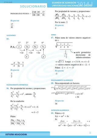 SOLUCIONARIO
27 DE JULIO
EXAMEN DE ADMISIÓN
UNIVERSIDAD NACIONAL DEL CALLAO
EXAMEN DE ADMISIÓN
UNIVERSIDAD NACIONAL DEL CALLAO
3
	 PROBABILIDAD PEDIDA =
( )2 68 18 17
108 108 81
⋅
=
⋅
Respuesta
17
81
SUCESIONES
05.	
	
a 3a 5a 7a
1.º 2.º 3.º 4.º
+2a +2a +2a
P.A.:
b d
	
7 7
3 3
d a
b a
⇒ = =
Respuesta
7
3
RAZONAMIENTO ARITMÉTICO
06.	 Por propiedad de razones y proporciones:
	
22
231
2 2
1 3
aa
k
b b
= = , además: 2
2
a
b
	 De la condición:
	
2 2
21 3 2
2 2
21 3
6 6
3
a a a
k k
bb b
k
+
+ = ⇒ + =
+
⇒ =
	Piden:
	
1 2 3
1 2 3
29 31
29 31
a a a
b b b
− +
− +
	 Por propiedad de razones y proporciones:
	
29 1
29
a
1
31
b
= 2
31
a 3 31 2
3 1 2 32
3
a aa a
k
b b b bb
= ⇒ = = = =
	 Por lo tanto: 3
Respuesta
	3
SERIES
07.	 Piden suma de valores enteros negativos
de x.
	
2
1
1
2
2 ...
2 4 8
x
x x x
−
+ + + +

serie geométrica
decreciente de
infinitos términos
	 2 x⇒ + Luego: 2 0, 2x x+ ≥ ⇒ ≥ −
	 ⇒ valores enteros negativos de x: –2; –1
	 Piden: –2 + –1 = –3
Respuesta
	–3
RAZONAMIENTO ALGEBRAICO
08.	 Descomponiendo en factores
2 2 2 2 2 2 2 2
2 2 3 2 3 2 3 3
2 3 2 3 2 3
a c c b b a a c
a b c
a b a b b c b c a c a c
− − − − − − − −
+ +
− − − − − − − − − − − −
× × × × × × ×
× × × × ×
2( ) 2( ) 2
2 3 (2 3)
36
a b c a b c c b c+ + + + + +
× = ×
=
Respuesta
36
EXPRESIÓN ALGEBRAICA
09.	Piden a+b
	f(x) = ax2
+ bx
	Si:
− − =
 − − − + − = 
 
2 2
( ) ( 1)
( 1) ( 1)
f x f x x
ax bx a x b x x
 