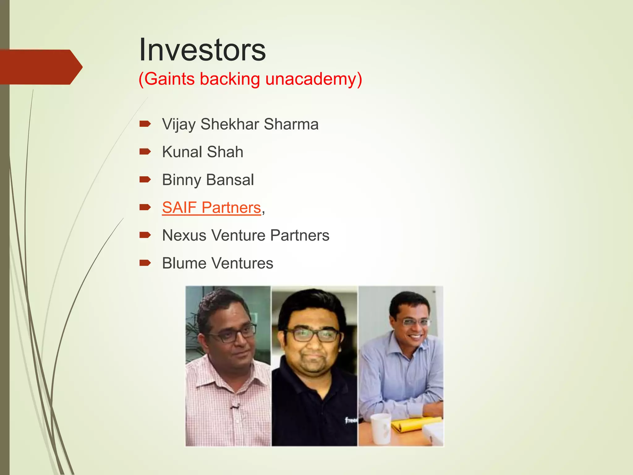 Investors
(Gaints backing unacademy)
 Vijay Shekhar Sharma
 Kunal Shah
 Binny Bansal
 SAIF Partners,
 Nexus Venture Partners
 Blume Ventures
 