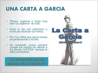 “ EL ÉXITO ESTA EN TUS MANOS  NO LO DEJES IR”  Planea, organiza y dirige muy bien tus objetivos  de vida. Inicia tu día con optimismo y lucha por alcanzar tus metas. Por muy difícil que sea la marea se perseverante y triunfa. Se constante, busca siempre cumplir tus sueños sin afectar a los demás, la ETICA  siempre te debe acompañar .  