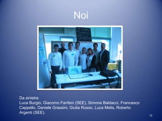 Noi




Da sinistra
Luca Burgio, Giacomo Fanfani (SEE), Simone Baldacci, Francesco
Cappello, Daniele Grassini, Giulia Russo, Luca Melis, Roberto
Argenti (SEE).
                                                                 12
 