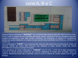 zone A, B e C




•Zona (in Piano) evidenziata in “marrone” che corrisponde alla copertura degli uffici della Provincia. Il tetto,
mt.78 x mt.23 è ricoperto da una mantellina bituminosa; venuti a conoscenza che non sussistono particolari
problemi nel supportare il peso delle strutture “classiche” che sostengono un impianto FV normalmente
adottate per queste installazioni, si è deciso di usare pannelli solari policristallini da 230 Wp c.a. (23 file da 18
moduli c.a.).
•Zona evidenziata in “verde” che corrisponde alla copertura della piscina del Liceo Buonarroti, invece, da
responso ufficiale dei Tecnici della Provincia, Ing. Dadduzio e Geom. Bonotti, risulta non idonea
all’installazione di nessuna tipologia di impianto.
•Zona (pendenza ad Ovest) evidenziata in “celeste” con C1, C2,……C13” che è stata recentemente
ricoperta da lamiera grecata predisposta per ricevere l’istallazione di moduli serie Uni-Solar; riesce ad
ospitarne (disseminati lungo tutta la superficie, tenuto di conto di ostacoli ed “ombre), almeno 518 di questa
tipologia.                                                                                                     15
 