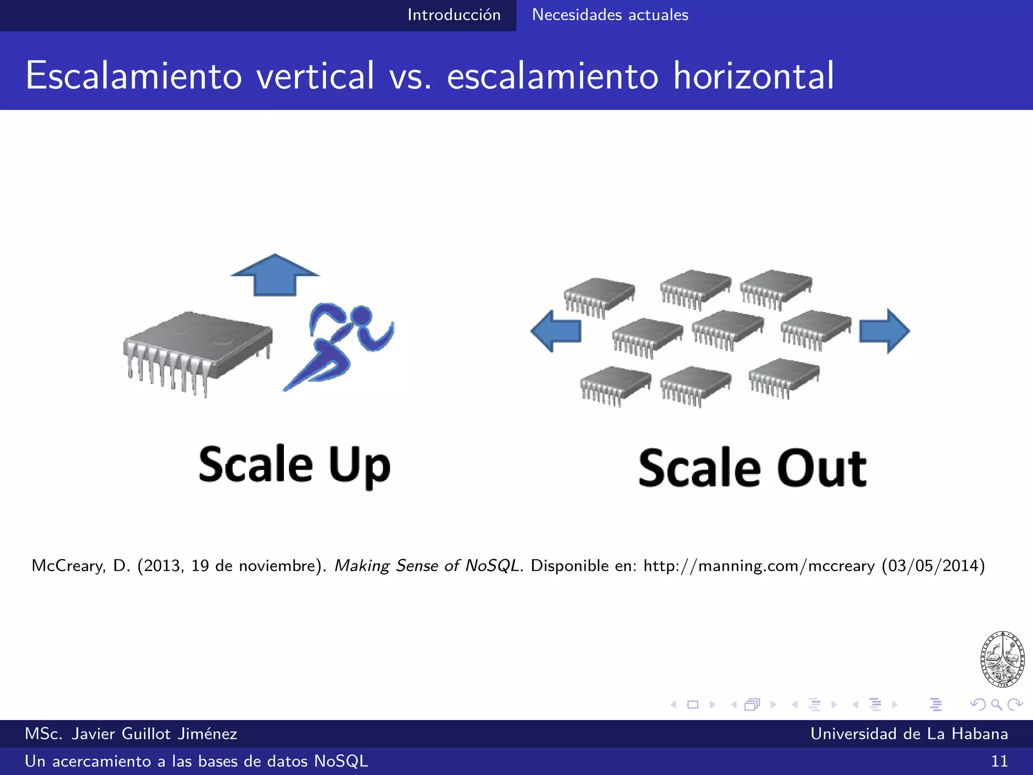 Introducción Necesidades actuales
Teorema CAP
(C) Consistencia: siempre que un dato es actualizado, todos los usuarios
tienen acceso a esa última versión
(A) Disponibilidad: cualquier operación puede ser ejecutada sin demora
(P) Tolerancia a particiones: los datos son distribuidos a través de dos o
más nodos de la red y el sistema puede seguir funcionando,
incluso, cuando algunos de estos nodos son totalmente
inaccesibles
MSc. Javier Guillot Jiménez Universidad de La Habana
Un acercamiento a las bases de datos NoSQL 16
 