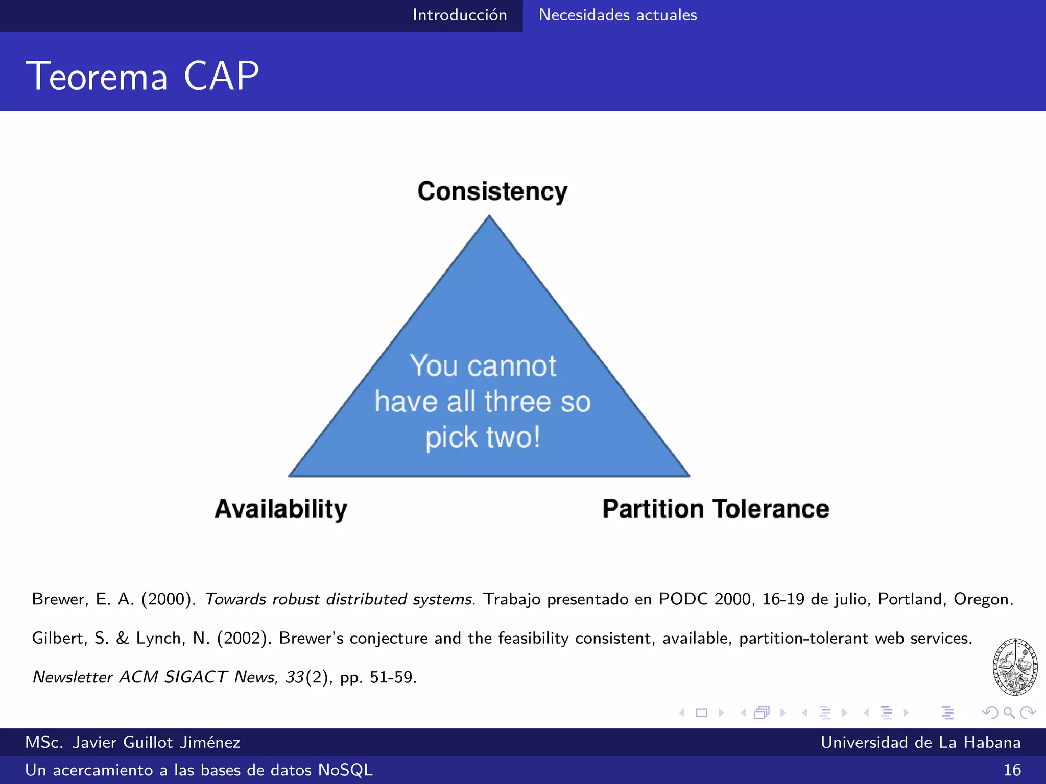 NoSQL Primeras propuestas
Primeras propuestas
2004
MapReduce: Simpliﬁed Data Processing on Large Clusters
MSc. Javier Guillot Jiménez Universidad de La Habana
Un acercamiento a las bases de datos NoSQL 21
 