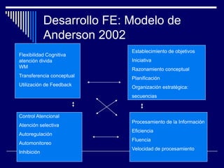 Desarrollo FE: Modelo de
Anderson 2002
Flexibilidad Cognitiva
atención divida
WM
Transferencia conceptual
Utilización de Feedback
Establecimiento de objetivos
Iniciativa
Razonamiento conceptual
Planificación
Organización estratégica:
secuencias
Control Atencional
Atención selectiva
Autoregulación
Automonitoreo
Inhibición
Procesamiento de la Información
Eficiencia
Fluencia
Velocidad de procesamiento
 