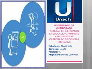 UNIVERSIDAD DE
CHIMBORAZO
FACULTAD DE CIENCIAS DE
LA EDUCACIÓN, HUMANAS
Y TECNOLOGÍAS
CARRERA DE PSICOLOGÍA
EDUCATIVA
Estudiante: Thalía Valle
Semestre: Cuarto
Paralelo: “A”
Asignatura: Diseño Curricular
 