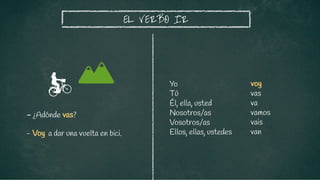 voy
vas
va
vamos
vais
van
EL VERBO IR
- ¿Adónde vas?
Yo
Tú
Él, ella, usted
Nosotros/as
Vosotros/as
Ellos, ellas, ustedes
- Voy a dar una vuelta en bici.
 