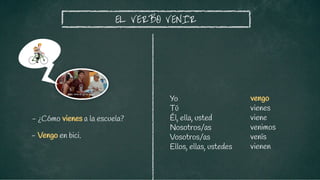 vengo
vienes
viene
venimos
venís
vienen
EL VERBO VENIR
- ¿Cómo vienes a la escuela?
Yo
Tú
Él, ella, usted
Nosotros/as
Vosotros/as
Ellos, ellas, ustedes
- Vengo en bici.
 