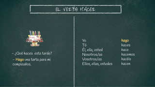 hago
haces
hace
hacemos
hacéis
hacen
EL VERBO HACER
- ¿Qué haces esta tarde?
Yo
Tú
Él, ella, usted
Nosotros/as
Vosotros/as
Ellos, ellas, ustedes
- Hago una tarta para mi
cumpleaños.
 