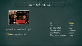 traigo
traes
trae
traemos
traéis
traen
EL VERBO TRAER
- ¿Qué traes en esta caja roja?
Yo
Tú
Él, ella, usted
Nosotros/as
Vosotros/as
Ellos, ellas, ustedes
- Traigo un regalo para ti.
 