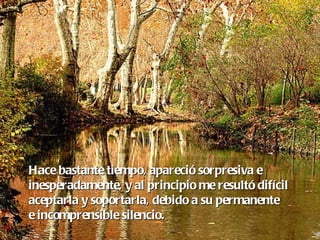 Hace bastante tiempo, apareció sorpresiva e  inesperadamente, y al principio me resultó difícil  aceptarla y soportarla, debido a su permanente  e incomprensible silencio. 