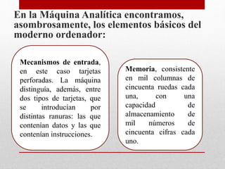 En la Máquina Analítica encontramos,
asombrosamente, los elementos básicos del
moderno ordenador:
Mecanismos de entrada,
en este caso tarjetas
perforadas. La máquina
distinguía, además, entre
dos tipos de tarjetas, que
se introducían por
distintas ranuras: las que
contenían datos y las que
contenían instrucciones.
Memoria, consistente
en mil columnas de
cincuenta ruedas cada
una, con una
capacidad de
almacenamiento de
mil números de
cincuenta cifras cada
uno.
 