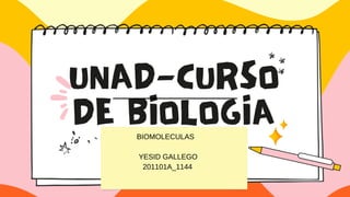 UNAD-CURSO
DE BIOLOGIA
BIOMOLECULAS
YESID GALLEGO
201101A_1144
 