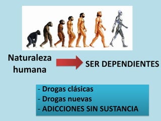 Naturaleza
humana
- Drogas clásicas
- Drogas nuevas
- ADICCIONES SIN SUSTANCIA
SER DEPENDIENTES
 