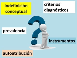 indefinición
conceptual
criterios
diagnósticos
instrumentos
prevalencia
autoatribución
 