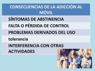 CONSECUENCIAS DE LA ADICCIÓN AL
MÓVIL
SÍNTOMAS DE ABSTINENCIA
FALTA O PÉRDIDA DE CONTROL
PROBLEMAS DERIVADOS DEL USO
tolerancia
INTERFERENCIA CON OTRAS
ACTIVIDADES
 