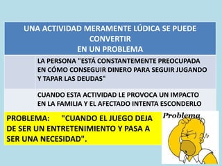 UNA ACTIVIDAD MERAMENTE LÚDICA SE PUEDE
CONVERTIR
EN UN PROBLEMA
LA PERSONA "ESTÁ CONSTANTEMENTE PREOCUPADA
EN CÓMO CONSEGUIR DINERO PARA SEGUIR JUGANDO
Y TAPAR LAS DEUDAS"
CUANDO ESTA ACTIVIDAD LE PROVOCA UN IMPACTO
EN LA FAMILIA Y EL AFECTADO INTENTA ESCONDERLO
PROBLEMA: "CUANDO EL JUEGO DEJA
DE SER UN ENTRETENIMIENTO Y PASA A
SER UNA NECESIDAD".
 