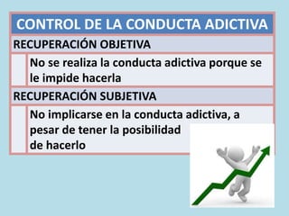 CONTROL DE LA CONDUCTA ADICTIVA
RECUPERACIÓN OBJETIVA
No se realiza la conducta adictiva porque se
le impide hacerla
RECUPERACIÓN SUBJETIVA
No implicarse en la conducta adictiva, a
pesar de tener la posibilidad
de hacerlo
 