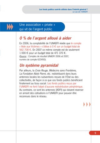 Les fonds publics sont-ils utilisés dans l’intérêt général ?
                                                                    Le cas de l’UNADFI




      Une association « privée »
XXX   qui vit de l’argent public

      0 % de l’argent alloué à aider
      En 2006, la comptabilité de l’UNADFI révèle que le compte
      « Aide aux Victimes » s’élève à 0 € sur un budget total de
      562 708 €. En 2007 ce même compte est de seulement
      1 000 € pour un budget total de 471 370 €.
      (Source : Comptes de résultat UNADFI 2006 et 2007,
      numéro de compte 623450).

      Un système pyramidal
      Par ailleurs, la Croix Rouge, Médecins sans Frontières,
      La Fondation Abbé Pierre, etc. redistribuent dans leurs
      antennes locales les subventions reçues de l’État ou des
      collectivités, de façon à ce que ces fonds publics bénéficient
      finalement au tissu social. Les fonds publics reçus par
      l’UNADFI ne font l’objet d’aucune redistribution périphérique.
      Au contraire, ce sont les antennes (ADFI) qui doivent reverser
      en amont des cotisations à l’UNADFI pour pouvoir être
      reconnues dans le réseau.


                                                                                 XXX



                                                                                         9
 