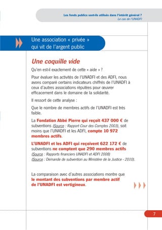 Les fonds publics sont-ils utilisés dans l’intérêt général ?
                                                                   Le cas de l’UNADFI




     Une association « privée »
XX   qui vit de l’argent public

     Une coquille vide
     Qu’en est-il exactement de cette « aide » ?
     Pour évaluer les activités de l’UNADFI et des ADFI, nous
     avons comparé certains indicateurs chiffrés de l’UNADFI à
     ceux d’autres associations réputées pour œuvrer
     efficacement dans le domaine de la solidarité.
     Il ressort de cette analyse :
     Que le nombre de membres actifs de l’UNADFI est très
     faible.
     La Fondation Abbé Pierre qui reçoit 437 000 € de
     subventions (Source : Rapport Cour des Comptes 2003), soit
     moins que l’UNADFI et les ADFI, compte 10 972
     membres actifs.
     L’UNADFI et les ADFI qui reçoivent 622 172 € de
     subventions ne comptent que 290 membres actifs
     (Source : Rapports financiers UNADFI et ADFI 2008)
     (Source : Demande de subvention au Ministère de la Justice - 2010).


     La comparaison avec d’autres associations montre que
     le montant des subventions par membre actif
     de l’UNADFI est vertigineux.                                              XXX


                                                                                        7
 