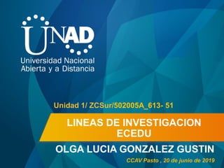 LINEAS DE INVESTIGACION
ECEDU
OLGA LUCIA GONZALEZ GUSTIN
Unidad 1/ ZCSur/502005A_613- 51
CCAV Pasto , 20 de junio de 2019
 