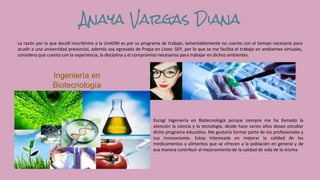 Anaya Vargas Diana
La razón por la que decidí inscribirme a la UnADM es por su programa de trabajo, lamentablemente no cuento con el tiempo necesario para
acudir a una universidad presencial, además soy egresada de Prepa en Línea- SEP, por lo que se me facilita el trabajo en ambientes virtuales,
considero que cuento con la experiencia, la disciplina y el compromiso necesarios para trabajar en dichos ambientes.
Ingeniería en
Biotecnología
Escogí Ingeniería en Biotecnología porque siempre me ha llamado la
atención la ciencia y la tecnología, desde hace varios años deseo estudiar
dicho programa educativo. Me gustaría formar parte de los profesionales y
sus innovaciones. Estoy interesada en mejorar la calidad de los
medicamentos y alimentos que se ofrecen a la población en general y de
esa manera contribuir al mejoramiento de la calidad de vida de la misma.
 