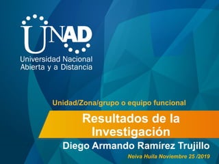 Resultados de la
Investigación
Diego Armando Ramírez Trujillo
Unidad/Zona/grupo o equipo funcional
Neiva Huila Noviembre 25 /2019
 