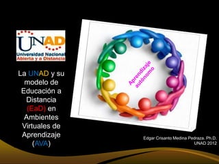 La UNAD y su
  modelo de
 Educación a
  Distancia
   (EaD) en
  Ambientes
 Virtuales de
 Aprendizaje    Edgar Crisanto Medina Pedraza. Ph.D.
     (AVA)                              UNAD 2012
 