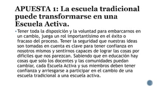 Tener toda la disposición y la voluntad para embarcarnos en
un cambio, juega un rol importantísimo en el éxito o
fracaso del proceso. Tener la seguridad que nuestras ideas
son tomadas en cuenta es clave para tener confianza en
nosotros mismos y sentirnos capaces de lograr las cosas por
difíciles que nos parezcan. Sabiendo que en educación hay
cosas que solo los docentes y las comunidades puedan
cambiar, cada Escuela Activa y sus miembros deben tener
confianza y arriesgarse a participar en el cambio de una
escuela tradicional a una escuela activa.
 