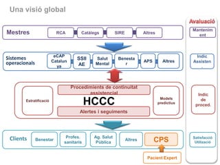 Una visió global
Mestres

RCA

eCAP
Catalun
ya

Sistemes
operacionals

Catàlegs

SSII
AE

Altres

Salut
Mental

Benesta
r

Mantenim
ent

APS

Altres

Indic
Assisten
.

Models
predictius

SIRE

Indic
de
proced.

Procedimients de continuitat
assistencial

HCCC

Estratificació

Alertes i seguiments

Clients

Benestar

Profes.
sanitaris

Ag. Salut
Pùblica

Altres

CPS
Pacient Expert

Satisfacció
Utilizació

 