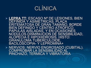 CLÍNICA LEPRA TT :  ESCASO Nº DE LESIONES, BIEN DEFINIDA Y ASIMETRICAS. PLACA ERITEMATOSA DE GRAN TAMAÑO, BORDE BIEN DEFINIDO Y CENTRO ATRÓFICO. PAPULAS AISLADAS, Y EN OCASIONES NODULOS.DISMINUCION DE SENSIBILIDAD, ALOPECIA E HIPOHIDROSIS. HISTO: GRANULOMA TUBERCULOIDE, BACILOSCOPIA- Y LEPROMINA+ NERVIOS: NERVIO ENGROSADO (CUBITAL). COMPROBAR LA SENSIBILIDAD AL PINCHAZO, TERMICA Y VIBRATORIA 