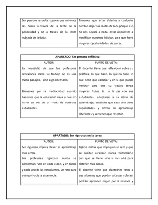 Ser persona resuelta supone que miremos
las cosas a través de la lente de la
posibilidad y no a través de la lente
nublada de la duda.
Tenemos que estar abiertos a cualquier
cambio dejar las dudas de lado porque eso
no nos llevará a nada, estar dispuestos a
modificar nuestros hábitos para que haya
mayores oportunidades de crecer.
APARTADO: Ser persona reflexiva
AUTOR:
La necesidad de que los profesores
reflexiones sobre su trabajo no es una
moda pasajera, sino algo necesario.
Firmamos por la mediocridad cuando
hacemos que la educación vaya a nuestro
ritmo en vez de al ritmo de nuestros
estudiantes.
PUNTO DE VISTA:
El docente tiene que reflexionar sobre su
práctica, lo que hace, lo que no hace, lo
que tiene que cambiar y en lo que puede
mejorar para que su trabajo tenga
mayores frutos. Ir a la par con sus
estudiantes, adaptarse a su ritmo de
aprendizaje, entender que cada uno tiene
capacidades y ritmos de aprendizaje
diferentes y se tienen que respetar.
APARTADO: Ser rigurosos en la tarea
AUTOR:
Ser riguroso implica llevar el aprendizaje
más arriba.
Los profesores rigurosos nunca se
conforman. Ven en cada clase, y en todos
y cada uno de los estudiantes, un reto para
avanzar hacia la excelencia.
PUNTO DE VISTA:
Fijarse metas que impliquen un reto y que
se puedan alcanzar, nunca conformarse
con que se tiene sino ir mas allá para
obtener más cosas.
El docente tiene que plantearles retos a
sus alumnos que puedan alcanzar solo así
podrán aprender mejor por sí mismos y
 