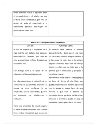 duros. Debemos hallar el equilibrio entre
el reconocimiento y el elogio, por una
parte la crítica constructiva, por otra, sin
perder de vista el aprendizaje y el
crecimiento personal constituyen un
proceso y una trayectoria.
APARTADO: Siempre estamos empezando
AUTOR:
Acaban de empezar y si no pueden hacer
algo todavía, con trabajo duro acabaran
consiguiéndolo. Tenemos que creer en
ellos y convertirnos en faros de esperanza
en su éxito final.
Con trabajo duro y el apoyo de los
educadores el éxito está asegurado.
Los educadores tienen la obligación de ser
animadores de sus alumnos, encontrar las
formas de crear confianza de los
estudiantes en sus capacidades, guiarlos
en momentos de tribulaciones y
confusión.
Tiene todo el sentido del mundo esperar
lo mejor de cada estudiante, pero también
tiene sentido recordarles que acaban de
PUNTO DE VISTA:
El docente debe motivar al alumno
constantemente, dejar que el solo haga
las cosas pero animarlo a seguir adelante y
si las cosas no salen bien a la primera
seguirlo animando hasta que lo consiga
dejarle en claro que no todo sale a la
primera que va empezando y que poco a
poco lo va a lograr.
Pero muchas veces esto no se hace porque
en lugar de decirle al niño fíjate que
puedes mejorarlo así o maneras de decirle
que las cosas las puede hacer de otra
manera lo que hace el docente es
regañarlo, decirle que hace mal las cosas
entonces el alumno se queda con eso, se
desmotiva y ya no quiere hacer las cosas.
 