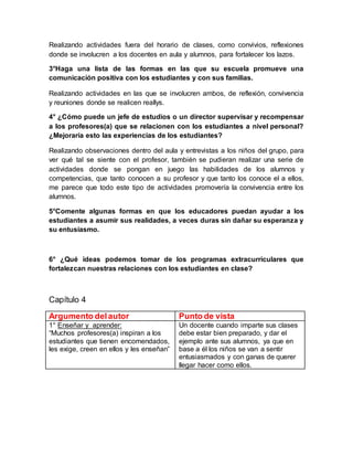 Realizando actividades fuera del horario de clases, como convivios, reflexiones
donde se involucren a los docentes en aula y alumnos, para fortalecer los lazos.
3°Haga una lista de las formas en las que su escuela promueve una
comunicación positiva con los estudiantes y con sus familias.
Realizando actividades en las que se involucren ambos, de reflexión, convivencia
y reuniones donde se realicen reallys.
4° ¿Cómo puede un jefe de estudios o un director supervisar y recompensar
a los profesores(a) que se relacionen con los estudiantes a nivel personal?
¿Mejoraría esto las experiencias de los estudiantes?
Realizando observaciones dentro del aula y entrevistas a los niños del grupo, para
ver qué tal se siente con el profesor, también se pudieran realizar una serie de
actividades donde se pongan en juego las habilidades de los alumnos y
competencias, que tanto conocen a su profesor y que tanto los conoce el a ellos,
me parece que todo este tipo de actividades promovería la convivencia entre los
alumnos.
5°Comente algunas formas en que los educadores puedan ayudar a los
estudiantes a asumir sus realidades, a veces duras sin dañar su esperanza y
su entusiasmo.
6° ¿Qué ideas podemos tomar de los programas extracurriculares que
fortalezcan nuestras relaciones con los estudiantes en clase?
Capítulo 4
Argumento delautor Punto de vista
1° Enseñar y aprender:
“Muchos profesores(a) inspiran a los
estudiantes que tienen encomendados,
les exige, creen en ellos y les enseñan”
Un docente cuando imparte sus clases
debe estar bien preparado, y dar el
ejemplo ante sus alumnos, ya que en
base a él los niños se van a sentir
entusiasmados y con ganas de querer
llegar hacer como ellos.
 