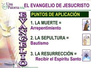 EL EVANGELIO DE JESUCRISTO PUNTOS DE APLICACIÓN 1. LA MUERTE =  Arrepentimiento 2. LA SEPULTURA =  Bautismo 3. LA RESURRECCIÓN =  Recibir el Espíritu Santo 