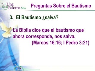 Preguntas Sobre el Bautismo 3.  El Bautismo ¿salva? La Biblia dice que el bautismo que ahora corresponde, nos salva.  (Marcos 16:16; I Pedro 3:21) 