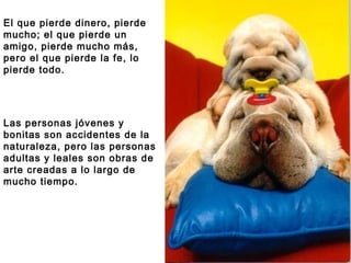 El que pierde dinero, pierde mucho; el que pierde un amigo, pierde mucho más, pero el que pierde la fe, lo pierde todo.  Las personas jóvenes y bonitas son accidentes de la naturaleza, pero las personas adultas y leales son obras de arte creadas a lo largo de mucho tiempo. 