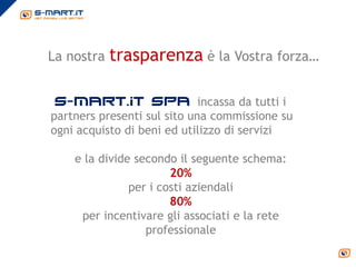 La nostra   trasparenza è la Vostra forza…

 s-mart.it spa incassa da tutti i
partners presenti sul sito una commissione su
ogni acquisto di beni ed utilizzo di servizi

    e la divide secondo il seguente schema:
                       20%
               per i costi aziendali
                       80%
     per incentivare gli associati e la rete
                  professionale
 