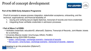 Proof of concept development
Part of the EBSI Early Adopters Programme
Proof of concepts to assess process integration, stakeholder acceptance, onboarding, and the
technical, organizational, and financial feasibility of:
1. issuing and verifying secure digital diplomas, transcript of records and micro-credentials
2. integrating those verifiable credentials in admission processes
• Part of Wave 3 of EBSI:
• Verifiable credentials: educationID, allianceID, Diploma, Transcript of Records, Joint Master, tickets
for a workshop.
• University Alliance cluster: Una Europa, ERUA, FILMEU
• Demos during 2024 EBSI Ecodays
• Unibo - Una Europa - exchange scenario - transcript of records
• KU Leuven - Una Europa - exchange scenario - transcript of records - diploma
=> Preparing to go into production (Diploma?)
 