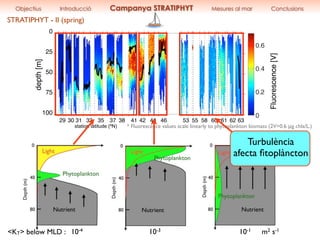 station latitude (ºN)
Fluorescence[V]
* Fluorescence values scale linearly to phytoplankton biomass (2V=0.6 μg chla/L.)
29 30 31 33 35 37 38 41 42 44 46 53 55 58 60 61 62 63
STRATIPHYT - II (spring)
depth[m]
0
25
50
75
100
Objectius Introducció Campanya STRATIPHYT Mesures al mar Conclusions
<KT> below MLD : 10-4 10-3 10-1
Turbulència
afecta ﬁtoplàncton
m2 s-1
 