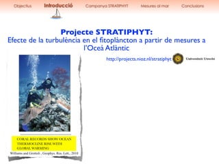 Projecte STRATIPHYT:
Efecte de la turbulència en el ﬁtoplàncton a partir de mesures a
l’Oceà Atlàntic
http://projects.nioz.nl/stratiphyt
Objectius Introducció Campanya STRATIPHYT Mesures al mar Conclusions
Williams and Grottoli , Geophys. Res. Lett., 2010
CORAL RECORDS SHOW OCEAN
THERMOCLINE RISE WITH
GLOBAL WARMING
 