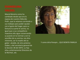 EVANGELINA
VALDES
Mamá Moreira como ha
cambiado desde que era la
esposa de nuestro fallecido
Profr.; que la veíamos corriendo a
sus trabajos para poder ayudar
con el gasto del hogar, para su
fortuna la suerte le sonrió, no
igual que a sus compañeros
maestros ella sigue conservando
su puesto en la normal y con la
sencillez de su sonrisa, nos dice
mírenme, ser la madre del ex
gober -alcalde, de otro próximo      Y como diría Pompin….QUE BONITA FAMILIA
Gober, y del secretario general de
la Sección 38 del SNTE; su hija
elisa, próximamente Directora de
la Normal…etc
 