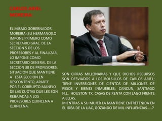 CARLOS ARIEL
MOREIRA:

EL MISMO GOBERNADOR
MOREIRA (SU HERMANO)LO
IMPONE PRIMERO COMO
SECRETARIO GRAL. DE LA
SECCION 5 DE LOS
PROFESORES Y AL FINALIZAR,
LO IMPONE COMO
SECRETARIO GENERAL DE LA
SECCION 38 DE PROFESORES,
SITUACION QUE MANTIENE       SON CIFRAS MILLONARIAS Y QUE DICHOS RECURSOS
A ESTA SECCION EN            SON DESVIADOS A LOS BOLSILLOS DE CARLOS ARIEL;
DESCONTENTO, APARTE          TIENE INVERSIONES DE CIENTOS DE MILLONES DE
POR EL CORRUPTO MANEJO       PESOS Y BIENES INMUEBLES: CANCUN, SANTIAGO
DE LAS CUOTAS QUE LES SON    N.L, HOUSTON TX, CASAS DE RENTA CON LAGO FRENTE
REBAJADAS A LOS              A ELLAS.
PROFESORES QUINCENA A        MIENTRAS A SU MUJER LA MANTIENE ENTRETENIDA EN
QUINCENA.                    EL IDEA DE LA UAC, GOZANDO DE MIL INFLUENCIAS…..?
 
