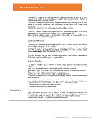 UNA FAMILIA ESPECIAL.
UNA FAMILIA ESPECIAL. | Red de Parvularia. Cabañas 2015
La población no cuenta con agua potable, los habitantes obtienen el agua de un pozo
ubicado en el centro de la comunidad; en relación al servicio de energía eléctrica la
comunidad si cuenta con este servicio.
Uno de los lugares importantes aparte del centro escolar es la ermita que es el lugar
donde se reúnen los habitantes para participar en la celebración de la misa y otras
reuniones.
También se cuenta con una cancha que es un lugar de recreación.
La población es de escasos recursos económicos, algunos tienen ayuda de remesas
que reciben de sus familiares en Estados Unidos de América (USA.)
Otras familias reciben ayuda de comunidades solidarias y la mayor parte de la
población sobrevive de trabajos agrícolas.
Población Beneficiada.
La población a la que benefició esta experiencia fue a los niños y niñas de la sección
de parvularia integrada ( 4, 5, y 6 años)
La población está dividida de la siguiente manera: tres estudiantes de cuatro años,
dos niños y una niña, cuatro estudiantes dé cinco años, tres niñas y un niño, y seis
estudiantes de seis años, cinco niñas y un niño.
Entre las aptitudes que los niños y niñas poseen están: participativos, trabajadores,
dinámicos, creativos colaboradores y muy amables.
Criterios Didácticos
Los criterios didácticos que se tomaron en cuenta para la aplicación de esta experiencia
fueron:
Que niños y niñas expresión oralmente situación y eventos familiares.
Que niños y niñas reconozcan los tipos de familia: nuclear, monoparental, extensa.
Que niños y niñas reconozcan sus derechos y deberes.
Que niños y niñas reconozcan su árbol genealógico propio.
Que niños y niñas reconozcan figuras geométricas y realicen diferentes técnicas de
desarrollo motriz.
Los indicadores de logro que se tomaron para el desarrollo de esta experiencia fueron:
* Interactúa de manera espontánea con otros niños y niñas de su edad.
* Inicia su participación en actividades grupales.
* Reconoce algunos derechos y deberes.
Situación Inicial
Esta experiencia se eligió con el objetivo de que los estudiantes conozcan los
diferentes tipos de familia y pueda reconocer a qué tipo de familia pertenecen, así como
conocer su descendencia a través de la construcción del árbol genealógico.
Se trabajaron también los derechos y deberes de la niñez.
 
