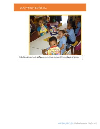 UNA FAMILIA ESPECIAL.
UNA FAMILIA ESPECIAL. | Red de Parvularia. Cabañas 2015
Estudiantes mostrando las figuras geométricas con los diferentes tipos de familia.
 
