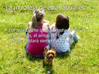 La moraleja de esta fábula es:


• Por más que te quieras deshacer de un
 gran amigo, el amigo no te querrá
 perder y estará siempre a tu lado.
 