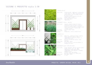 Anna Marafioti PROGETTO: GARDEN DESIGN, PALMI (RC)
4
SEZIONE E PROSPETTO scala 1:50
4_POLYPODIUM vulgare ‘Bifido Multifidum’
Descrizione: Piante spontanee (emisfero settentrionale,
Europa, Italia). Alt. 30 - 40cm
Sempreverde. Fronde quadrilobate,
lunghe8-40cm. Pinne smussate, ripiegate,
finemente divise. 	
Ubicazione:	 Terreno fresco, ben drenato,
ghiaioso. Comunque non troppo umido.
Esposizione: Mezz’ombra, ombra.
Impiego: In vaso.
3_HEDERA helix
Descrizione: Rampicanti, sempreverdi Pianta vigorosa.
Tronco legnoso e robusto. Foglia
leggermente coriacea a 3 o 5 lobi, di
colore verde scuro. 	
Ubicazione:	 Qualsiasi terreno ben drenato, anche
alcalino.
Esposizione: Mezz’ombra, ombra.
Impiego: In vasi con cavi in acciaio disposti in
diagonale sul muro.
2_MISCANTHUS sinensis ‘Jakujima’
Descrizione: Vigorosa. Foglie arcuate, di colore
verde-azzurro,con striature trasversali
bianche, e spighe bianche in autunno.
Fiore simile a una piuma, di colore bianco
rossastro.Fioritura in autunno.Non
richiede sostegni. 	
Ubicazione:	 Terreno fresco, umido.
Esposizione: Sole.
Impiego: Frangivento, isolato, bordure miste.
1_SAGINA sabulata
Descrizione: Erbacee perenni. Sempreverdi. Altezza fino
a 5cm, diam. 15 - 30cm. Fiore piccolo,di
colore bianco. Fioritura maggio-giugno.
Di facile coltura.
Richiede di essere protetta dal sole
quando fa molto caldo.	
Ubicazione:	 Terreno umido, ben drenato.
Esposizione: Sole, mezz’ombra.
Impiego: Tappezzante.
 